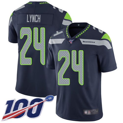 Men Seattle Seahawks 24 Lynch Blue Nike Vapor Untouchable Limited 100th patch NFL Jersey